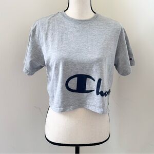 Champion Gray Logo Graphic Cropped Top T-Shirt M Short Sleeves Wrap Around